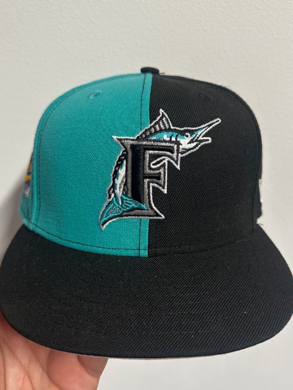 Florida Marlins Teal Black Split New Era 1997 World Series Patch Fitted Hat 7 1/